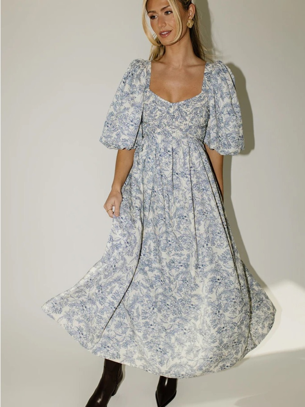 Zoco Gala Blue and White Fruit Floral Puff Sleeve Midi Dress Size Small
